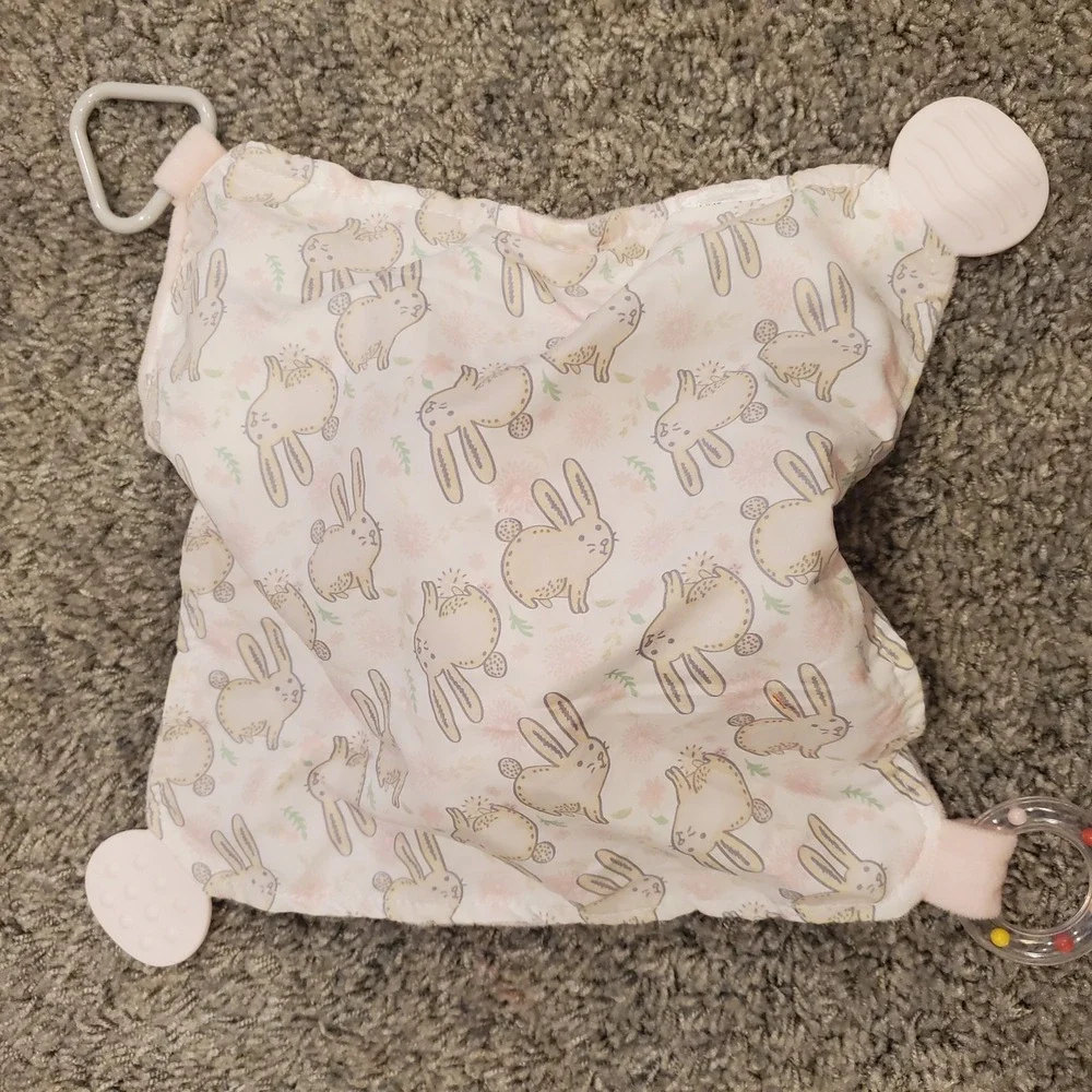 Modern Baby Pink White Bunny Rabbit Lovey Security Blanket Rattle Teether Floral
